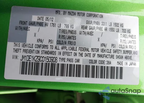 2012 Mazda Mazda2 Sport из США, поврежденный, VIN JM1DE1KZ9C0150908